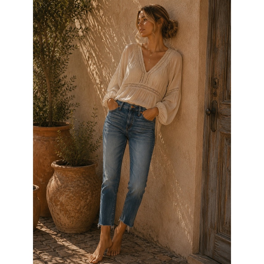 Madewell 9 High-Rise Skinny Crop Jeans Raw Hem Medium Wash Blue Womens 32